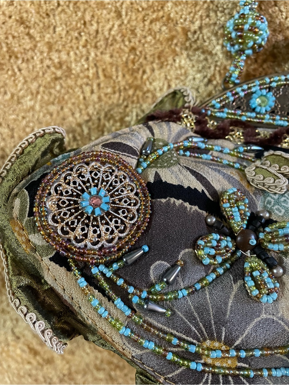 Mary Frances Olive Green and Turquoise Beaded Floral Evening Clutch excellent - Picture 4 of 9